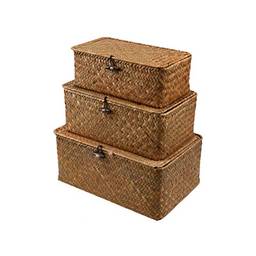 FOMIYES 3 pçs cestas de armazenamento de erva marinha com tampa: cestas de vime naturais cestas retangulares tecidas para organizadoras domésticas organizador de guarda-roupas - tamanho P, M, G