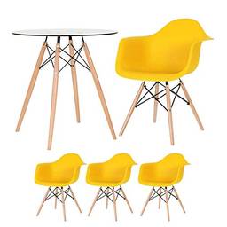 Kit - Mesa redonda de vidro Eames 70 cm + 3 cadeiras Eiffel Daw amarelo