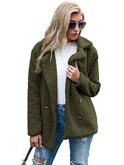 Casaco de lã feminino com lapela de pele falsa, casaco de inverno, confortável, quente, casaco (VERDE,M)