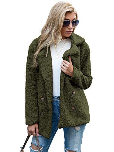 Casaco de lã feminino com lapela de pele falsa, casaco de inverno, confortável, quente, casaco (VERDE,3XG)