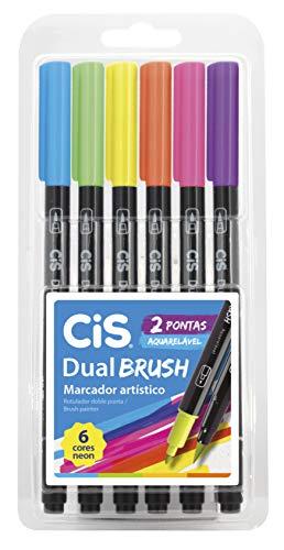 Marcador Artístico Aquarelável Dual Brush, CIS, Estojo c/6 unidades (Tons Neon)