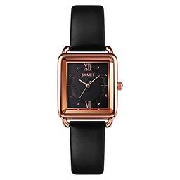Relógio feminino SKMEI, relógio de pulso retangular elegante de couro para senhoras meninas, relógios analógicos de quartzo à prova d'água para mulheres, Clássico, Black-D, 1.3*0.9*0.39 inch