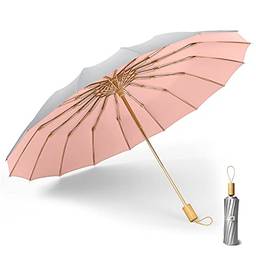Guarda-chuva compacto de sol/chuva, proteção UV 50+ 16 costelas de fibra de vidro guarda-chuva dobrável super à prova de vento, guarda-chuva de viagem de golfe uv bloqueador do sol