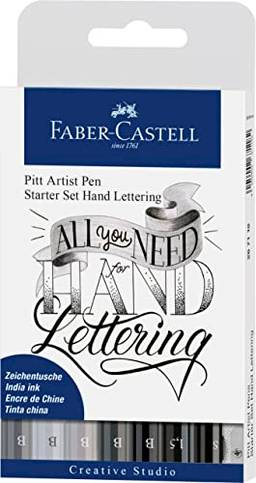 Faber-Castell 267118 - Lápis Caneta Pitt Artista Pen Lettering Starter Set, 9 Peças (5 Canetas Pitt Artista com Ponta do Pincel, 2 Pitt Artista Caneta Fineliner, 1 Castell 9000 Lápis B, 1 Apontador)