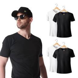 Kit com 4 Camisetas Premium Gola V Slim Fit Preto e Branco - Polo Match (G)