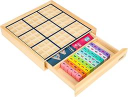 Jogo de Sudoku de Lugar de Número de Madeira com Gavetas (Colorido) - Brinquedo de quebra-cabeça de matemática Jogo de mesa educacional Treinar habilidades de raciocínio lógico
