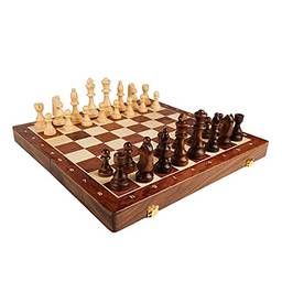 Queenser Conjunto de tabuleiro de xadrez de madeira Jogo de xadrez internacional de 15 polegadas Tabuleiro de xadrez dobrável com peças de xadrez artesanais e slots de armazenamento para crianças e ad
