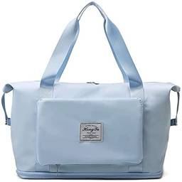 Bolsa de viagem de grande capacidade, bolsa de mão expansível de nylon para mulheres, esportiva, bolsa de ombro casual, Azul-celeste, Large, Clássico
