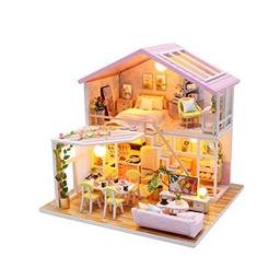 Henniu Kit de casa de bonecas de madeira em miniatura para casa de bonecas com mobília e luz LED Música Sweet Time