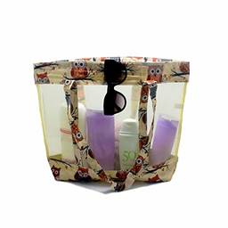 Bolsa de praia feminina Transparente de pvc com estampa e zíper + Nécessaire (Creme Coruja)