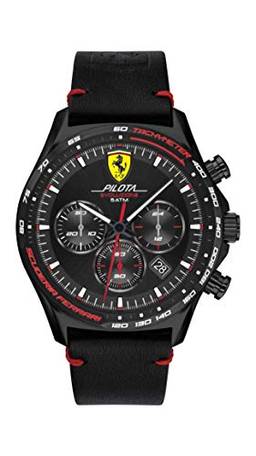 Ferrari Relógio masculino de quartzo de aço inoxidável Pilota Evo com pulseira de couro de bezerro, preto, 22 (modelo: 0830712), Preto, Cronógrafo