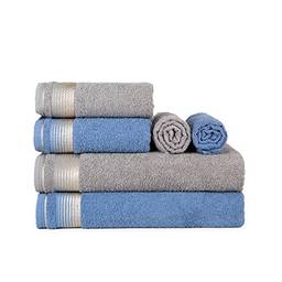 Jogo de Toalhas Gigante, Pérsia, 6 Peças (?2 toalhas de rosto, 2 toalhas de banho, 2 Toalhas de Piso Para Banheiro) (Gris + Azul)