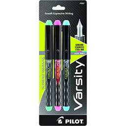 PILOT Caneta-tinteiro descartáveis Varsity, ponta de aço inoxidável de ponta média, tintas verdes/rosa/turquesa, pacote com 3 (90067)