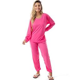 Pijama Confortavel Longo em Malha Suave Lisa | Feminino 177 Cor:Rosa Escuro;Tamanho:GG