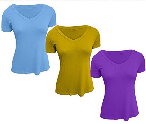 Kit 3 Camisetas Feminina Gola V Podrinha (Lilás - Mostarda - Azul Bebê, M 36 ao 44)