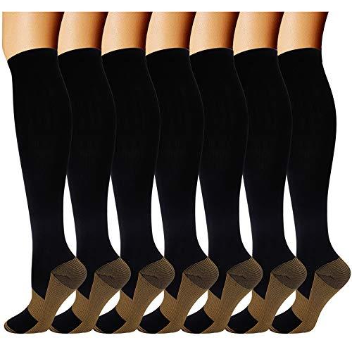 7 pares de meias de compressão de cobre para homens e mulheres 20-30 mmHg Meias de cano alto, Preto, Large-X-Large