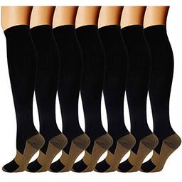 7 pares de meias de compressão de cobre para homens e mulheres 20-30 mmHg Meias de cano alto, Preto, Small-Medium