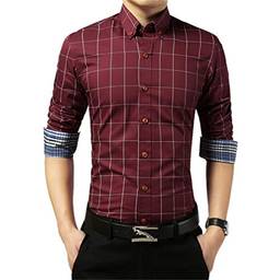 Camisa masculina xadrez com botões e manga comprida casual, Wine Red, XL