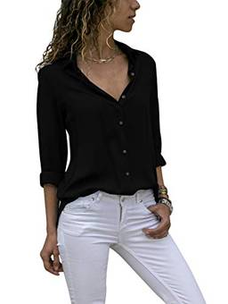 Cotrio Blusa feminina de manga comprida com botão cor sólida Camiseta casual básica com decote em V tamanho 2XL preto