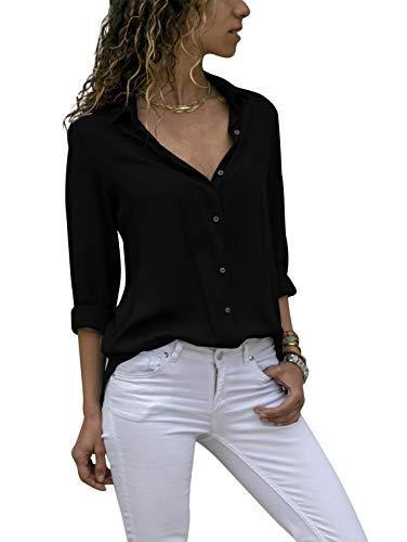 Cotrio Blusa feminina de manga comprida com botão cor sólida Camiseta casual básica com decote em V tamanho 2XL preto