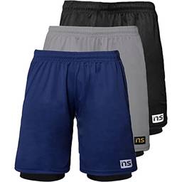Kit 3 Shorts Bermuda Dry Fit Academia Fitness Duplo 2 Em 1 Cor:Preto/Cinza/Azul;Tamanho:P