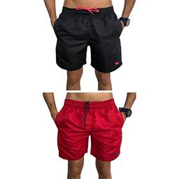 Kit 2 Shorts Bermudas Lisas Siri Relaxado Cordão Neon (Preto/Rosa e Vermelho, P)