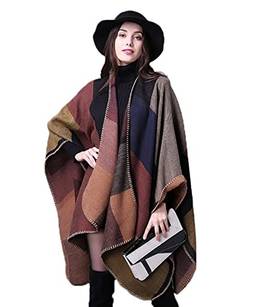 Envoltório de xale de bloco de cores feminino plus size cardigan poncho capa aberta frontal longo casaco de inverno (cáqui)