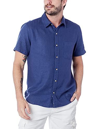 Camisa linho com viscose slim manga curta, Hering, Masculino, Azul Medio, M