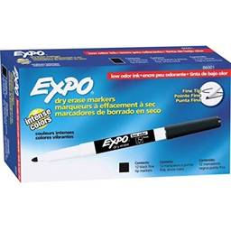 Caneta marcador EXPO 86001 apagável a seco com baixo odor, ponta fina, preto (pacote com 12)