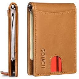 Carteira masculina de couro legítimo bloqueio RFID minimalista fina com clipe de dinheiro bolso frontal carteira, Caqui, Small