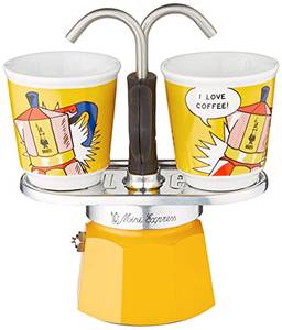 Bialetti Mini Express Lichtenstein, Cafeteira 2 xícaras + 2 copos de shot de alumínio