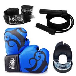 Kit Boxe e Muay Thai com Corda de Pular + Luva de treino + Bandagem com Elasticidade de 3 Metros + Protetor Bucal Moldável com Estojo - Spank (14oz, Blue)