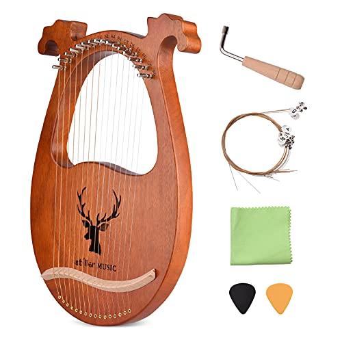 KKcare Instrumento de cordas de madeira maciça para harpa de lira de 16 cordas com padrão de alce afinar cordas de martelo de limpeza palhetas de pano para iniciantes