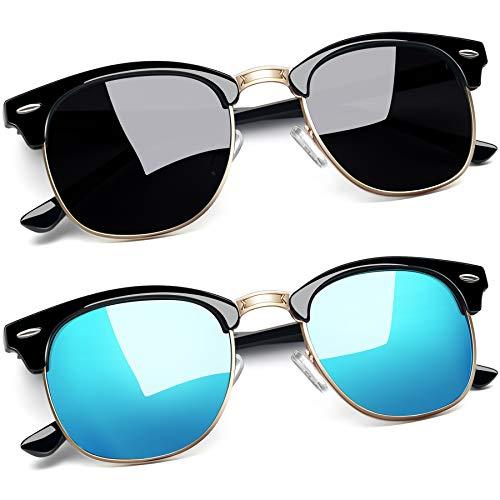 Joopin Óculos de Sol Masculina Feminino Polarizado Semi Sem aro Espelhados Óculos de Sol Proteção UV (Ouro Preto Brilhante + Lente Espelhada Azul)