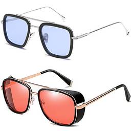 2 PCS Óculos de sol Tony Stark - Óculos de sol vintage com armação quadrada de metal para homens e mulheres Classic Downey IRON MAN TONY Stark 3