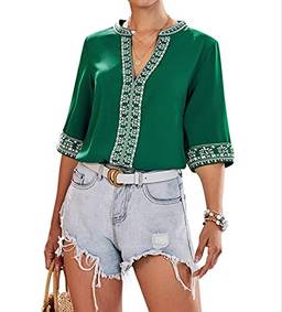 Cotrio Blusa feminina com decote em V Boho estampa bordada tops de camisa verão meia manga casual solta tamanho L verde