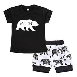 Cotrio Roupas de verão para bebês meninos roupas de mangas curtas para crianças conjunto de roupas de duas peças Top + Shorts 12-18 Meses Preto
