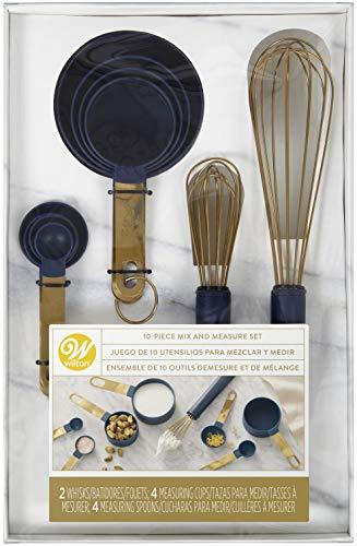 Wilton Conjunto de copos medidores e batedores de medição azul marinho e dourado, 10 peças