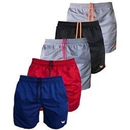 Kit 5 Shorts Moda Praia Lisos Masculinos Tactel Com Cordão Neon Relaxado (P, Cinza (Laranja E Rosa) Preto-Laranja, Azul E Vermelho)