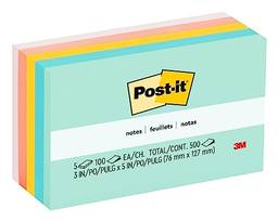 Post-it Observações, 7,6 x 12,7 cm, 5 blocos, notas adesivas favoritas número 1 dos EUA, coleção Marselha, cores pastel (rosa, menta, amarelo), reciclável (655-AST)
