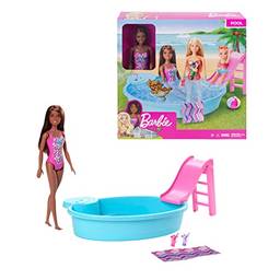 Barbie Conjunto de Brinquedo Maiô Rosa e Piscina para crianças a partir de 3 anos