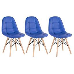 Loft7, Kit 3 Cadeiras Charles Eames Eiffel, Assento Estofado Botonê, Pés Em Madeira Clara Moderna E Elegante Versátil Sala De Jantar Cozinha Cafeteria Quarto, Azul
