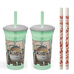 Zak Designs Copo divertido com canudo Star Wars The Mandalorian Baby Yoda The Child – durável e livre de BPA, inclui 2 canudos reutilizáveis de bônus (pacote com 2, 400 ml)