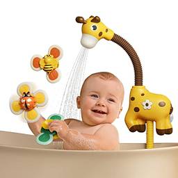Fantercy Brinquedos de banho de bebê com cabeça de chuveiro e 3 brinquedos giratórios de sucção girafa bonito chuveiro com spray de água de verão brinquedo de banheira para crianças crianças