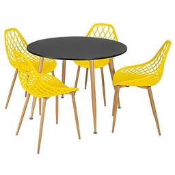 Mesa de jantar redonda 100 cm preto + 4 cadeiras Clarice Cloe Amarelo
