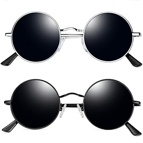 Joopin Óculos de Sol Redondo Masculinos Femininos Polarizado, John Lennon Pequeno Círculo Hippie Vintage Retrô Steampunk Metal Óculos de Sol (Preto+Prata)