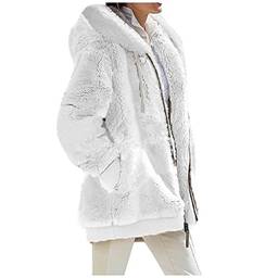 JMKEY Casaco Feminino Jaqueta de lã feminina de inverno com zíper completo bloco de cor com capuz cardigan frontal aberto com bolso