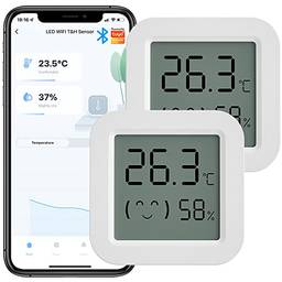Termômetro higrômetro Wifi, 2PCS Mini e preciso Interno Sensor de temperatura de umidade inteligente Medidor, Digital higrômetro, Visor sorridente para uma temperatura e humidade confortáveis