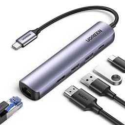 UGREEN Hub USB C Ethernet, adaptador multiportas 5 em 1 com porta Gigabit Ethernet 4K HDMI USB C PD carregamento e 2 USB 3.0 compatíveis com MacBook, iPad Pro, XPS, Pixelbook, Surface, Chromebook e mais
