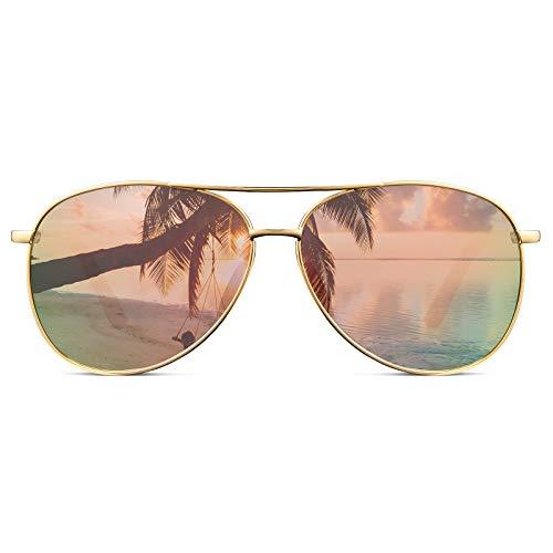 Cyxus Óculos de Sol Aviador Polarizados para Homens/Mulher , Lentes Espelhadas Clássicas Com Proteção UV (Lente rosa com moldura dourada)